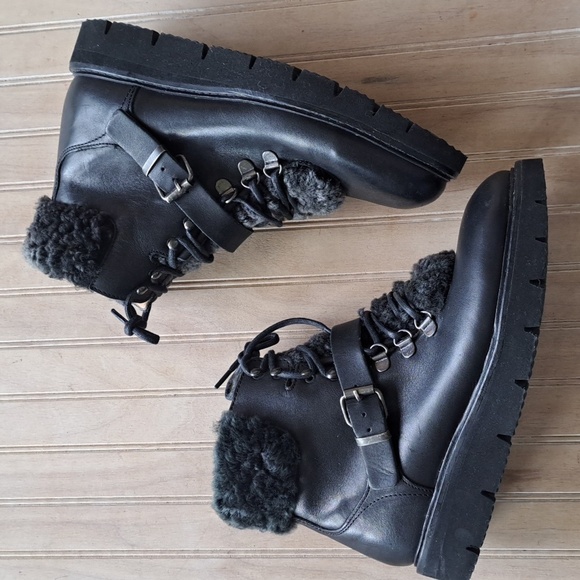 H by Hudson Adda Black Leather Shearling Lined Lace-Up Ankle Boots Trim Cozy - Picture 11 of 14